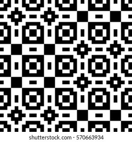 Vector seamless pattern. Decorative element, design template with pixel black and white motifs. Background, texture with optical illusion effect. Ethnic tribal traditional tracery for fabric swatch.