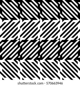 Vector seamless pattern. Decorative element, design template with diagonal striped black and white lines. Background, texture with mechanical geometry. Structural industrial tiles for lattice, grille