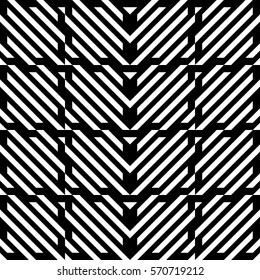 Vector seamless pattern. Decorative element, design template with diagonal striped black and white lines. Background, texture with mechanical geometry. Structural industrial tiles for lattice, grille