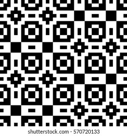 Vector seamless pattern. Decorative element, design template with pixel black and white motifs. Background, texture with optical illusion effect. Ethnic tribal traditional tracery for fabric swatch.