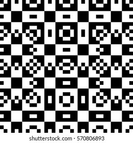 Vector seamless pattern. Decorative element, design template with pixel black and white motifs. Background, texture with optical illusion effect. Ethnic tribal traditional tracery for fabric swatch.