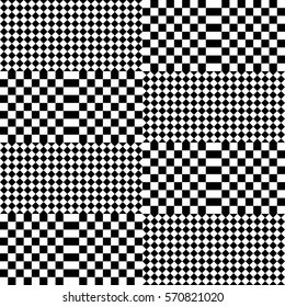 Vector seamless pattern. Decorative element, design template with black white squares and rhombuses. Background, texture with op art effect. Halftone dots for card, tile, web cover, print, badge.