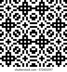 Vector seamless pattern. Decorative element, design template with pixel black and white motifs. Ethnic folk national tracery for fabric swatch. Background, texture with optical illusion effect.