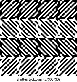 Vector seamless pattern. Decorative element, design template with diagonal striped black and white lines. Background, texture with mechanical geometry. Structural industrial tiles for lattice, grille