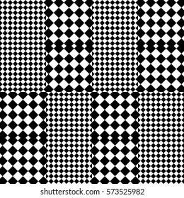 Vector seamless pattern. Decorative element, design template with black white squares and rhombuses. Background, texture with optical illusion effect. Fabric textile tartan in op art style.