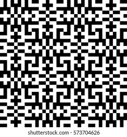 Vector seamless pattern. Decorative element, design template with pixel black and white motifs. Ethnic folk national tracery for fabric swatch. Background, texture with optical illusion effect.