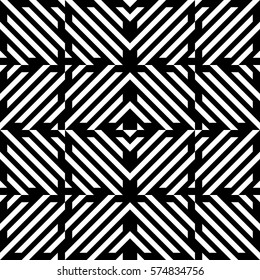 Vector seamless pattern. Decorative element, design template with diagonal striped black and white lines. Background, texture with mechanical geometry. Structural industrial tiles for lattice, grille