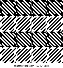 Vector seamless pattern. Decorative element, design template with diagonal striped black and white lines. Background, texture with mechanical geometry. Structural industrial tiles for lattice, grille