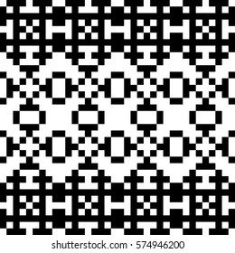 Vector seamless pattern. Decorative element, design template with pixel black and white motifs. Ethnic folk national tracery for fabric swatch. Background, texture with optical illusion effect.