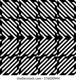 Vector seamless pattern. Decorative element, design template with diagonal striped black and white lines. Background, texture with mechanical geometry. Structural industrial tiles for lattice, grille