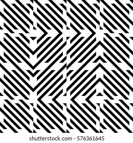 Vector seamless pattern. Decorative element, design template with diagonal striped black and white lines. Background, texture with mechanical geometry. Structural industrial tiles for lattice, grille