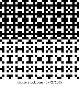 Vector seamless pattern. Decorative element, design template with pixel black and white motifs. Ethnic folk national tracery for fabric swatch. Background, texture with optical illusion effect.