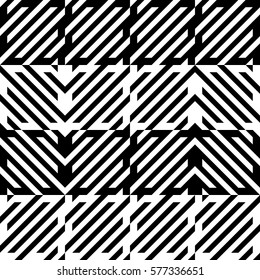 Vector seamless pattern. Decorative element, design rapport with diagonal striped black white lines. Background, texture with mechanical geometry. Structural industrial tiles for lattice, grille