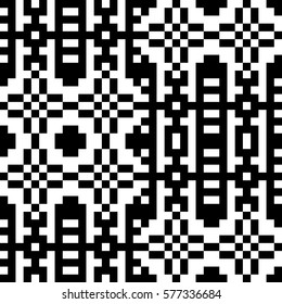 Vector seamless pattern. Decorative element, design template with pixel black and white motifs. Ethnic folk national tracery for fabric swatch. Background, texture with optical illusion effect.