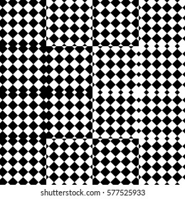 Vector seamless pattern. Decorative element, design template with black white squares and rhombuses. Background, texture with op art effect. Halftone dots for card, tile, web cover, print, badge.