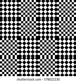 Vector seamless pattern. Decorative element, design template with black white squares and rhombuses. Background, texture with optical illusion effect. Fabric textile tartan in op art style.