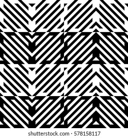 Vector seamless pattern. Decorative element, design template with diagonal striped black and white lines. Background, texture with mechanical geometry. Structural industrial tiles for lattice, grille
