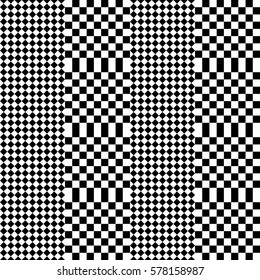 Vector seamless pattern. Decorative element, design template with black white squares and rhombuses. Background, texture with optical illusion effect. Fabric textile tartan in op art style.