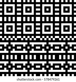 Vector seamless pattern. Decorative element, design template with pixel black and white motifs. Background, texture with optical illusion effect. Ethnic tribal traditional tracery for fabric swatch.