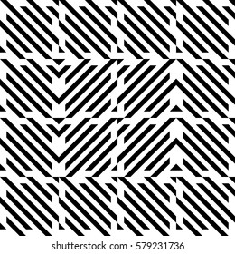 Vector seamless pattern. Decorative element, design template with diagonal striped black and white lines. Background, texture with mechanical geometry. Structural industrial tiles for lattice, grille