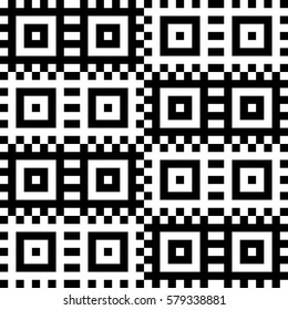 Vector seamless pattern. Decorative element, design template with pixel black and white motifs. Background, texture with optical illusion effect. Ethnic tribal traditional tracery for fabric swatch.
