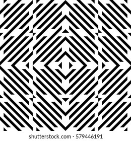 Vector seamless pattern. Decorative element, design template with diagonal striped black and white lines. Background, texture with mechanical geometry. Structural industrial tiles for lattice, grille