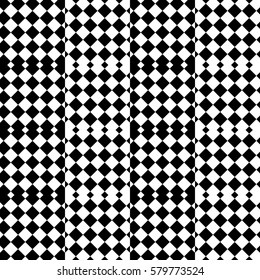 Vector seamless pattern. Decorative element, design template with black white squares and rhombuses. Background, texture with optical illusion effect. Fabric textile tartan in op art style.
