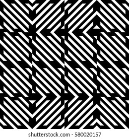 Vector seamless pattern. Decorative element, design template with diagonal striped black and white lines. Background, texture with mechanical geometry. Structural industrial tiles for lattice, grille