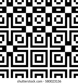 Vector seamless pattern. Decorative element, design template with pixel black and white motifs. Background, texture with optical illusion effect. Ethnic tribal traditional tracery for fabric swatch.