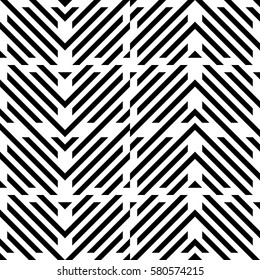 Vector seamless pattern. Decorative element, design template with diagonal striped black and white lines. Background, texture with mechanical geometry. Structural industrial tiles for lattice, grille
