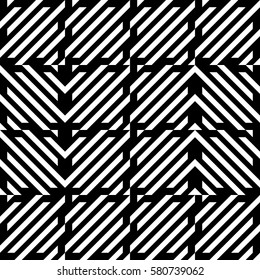 Vector seamless pattern. Decorative element, design rapport with diagonal striped black white lines. Background, texture with mechanical geometry. Structural industrial tiles for lattice, grille