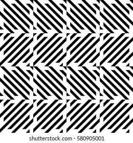 Vector seamless pattern. Decorative element, design template with diagonal striped black and white lines. Background, texture with mechanical geometry. Structural industrial tiles for lattice, grille