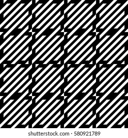 Vector seamless pattern. Decorative element, design template with diagonal striped black and white lines. Background, texture with mechanical geometry. Structural industrial tiles for lattice, grille