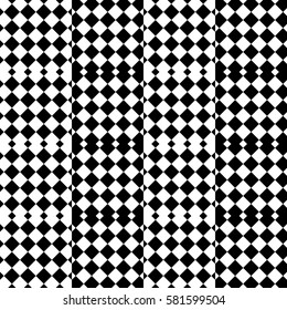 Vector seamless pattern. Decorative element, design template with black white squares and rhombuses. Background, texture with optical illusion effect. Fabric textile tartan in op art style.