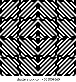 Vector seamless pattern. Decorative element, design template with diagonal striped black and white lines. Background, texture with mechanical geometry. Structural industrial tiles for lattice, grille