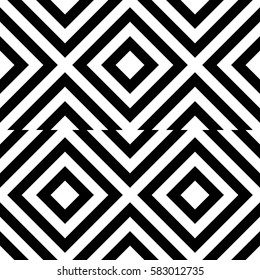 Vector seamless pattern. Decorative element, design template with striped black white diagonal inclined line. Background, texture with optical illusion. Futuristic decoration for card textile parquet