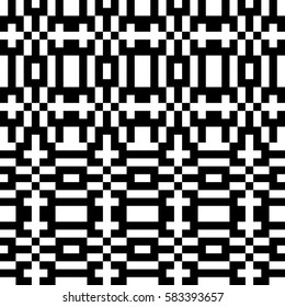 Vector seamless pattern. Decorative element, design template with pixel black and white motifs. Ethnic folk national tracery for fabric swatch. Background, texture with optical illusion effect.