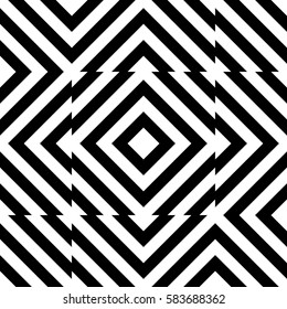 Vector seamless pattern. Decorative element, design template with striped black white diagonal inclined line. Background, texture with optical illusion. Futuristic decoration for card textile parquet