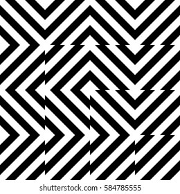 Vector seamless pattern. Decorative element, design template with striped black white diagonal inclined line. Background, texture with optical illusion. Futuristic decoration for card textile parquet
