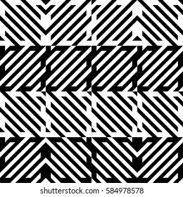 Vector seamless pattern. Decorative element, design template with diagonal striped black and white lines. Background, texture with mechanical geometry. Structural industrial tiles for lattice, grille