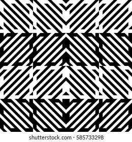 Vector seamless pattern. Decorative element, design template with diagonal striped black and white lines. Background, texture with mechanical geometry. Structural industrial tiles for lattice, grille
