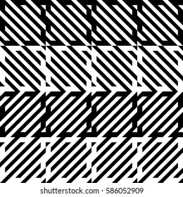 Vector seamless pattern. Decorative element, design template with diagonal striped black and white lines. Background, texture with mechanical geometry. Structural industrial tiles for lattice, grille