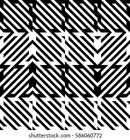 Vector seamless pattern. Decorative element, design rapport with diagonal striped black white lines. Background, texture with mechanical geometry. Structural industrial tiles for lattice, grille