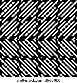 Vector seamless pattern. Decorative element, design template with diagonal striped black and white lines. Background, texture with mechanical geometry. Structural industrial tiles for lattice, grille