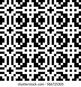Vector seamless pattern. Decorative element, design template with ethnic black white motifs. Background, texture with traditional handicraft. Fabric tracery swatch for cloth, jersey, plaid, tapestry.