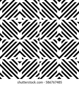 Vector seamless pattern. Decorative element, design template with diagonal striped black and white lines. Background, texture with mechanical geometry. Structural industrial tiles for lattice, grille