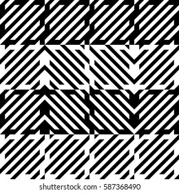 Vector seamless pattern. Decorative element, design template with diagonal striped black and white lines. Background, texture with mechanical geometry. Structural industrial tiles for lattice, grille