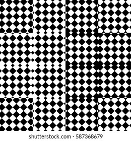 Vector seamless pattern. Decorative element, design template with black white squares and rhombuses. Background, texture with optical illusion effect. Fabric textile tartan in op art style.