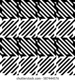 Vector seamless pattern. Decorative element, design template with diagonal striped black and white lines. Background, texture with mechanical geometry. Structural industrial tiles for lattice, grille