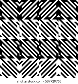 Vector seamless pattern. Decorative element, design template with diagonal striped black and white lines. Background, texture with mechanical geometry. Structural industrial tiles for lattice, grille